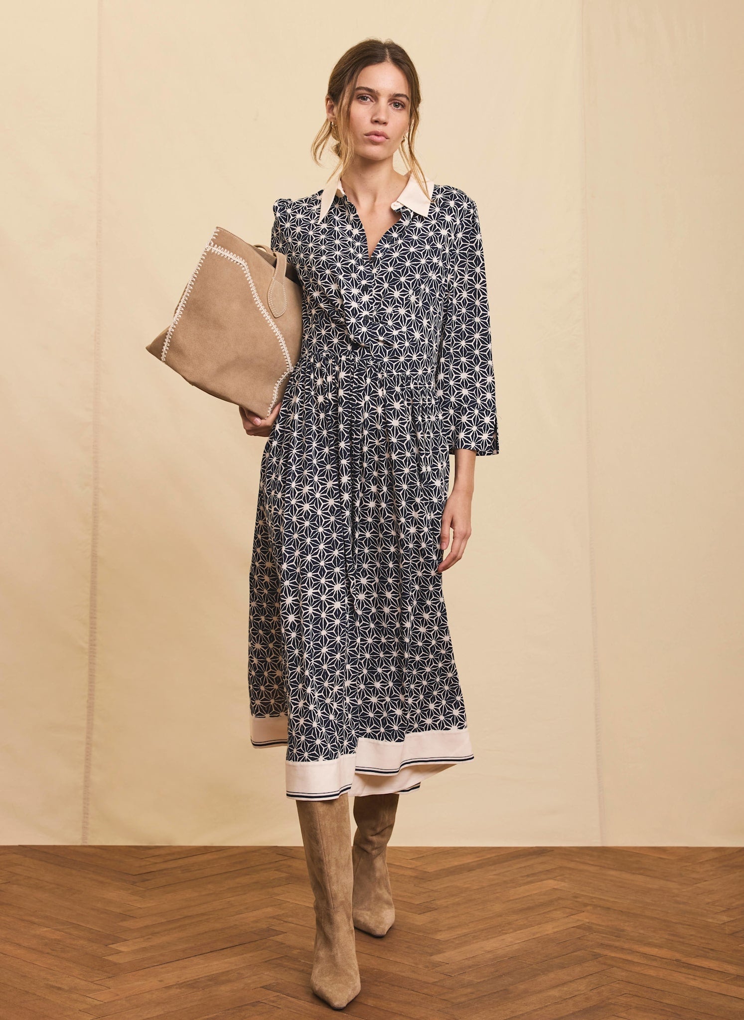 Navy Print Midi Shirt Dress
