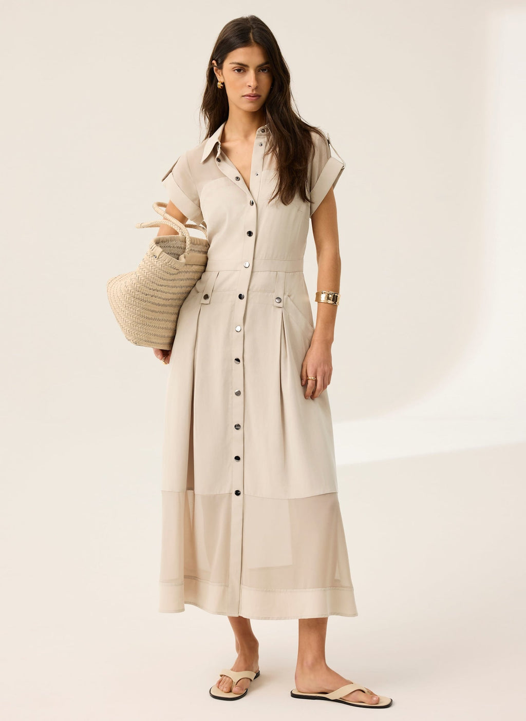 Neutral Utility Midi Shirt Dress
