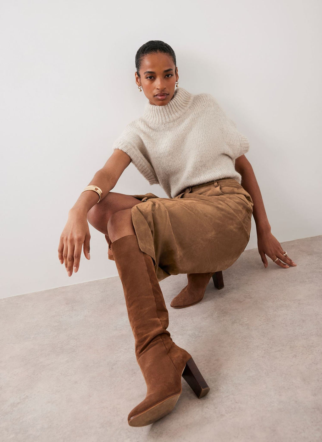Neutral Wool Blend High Neck Knit Top