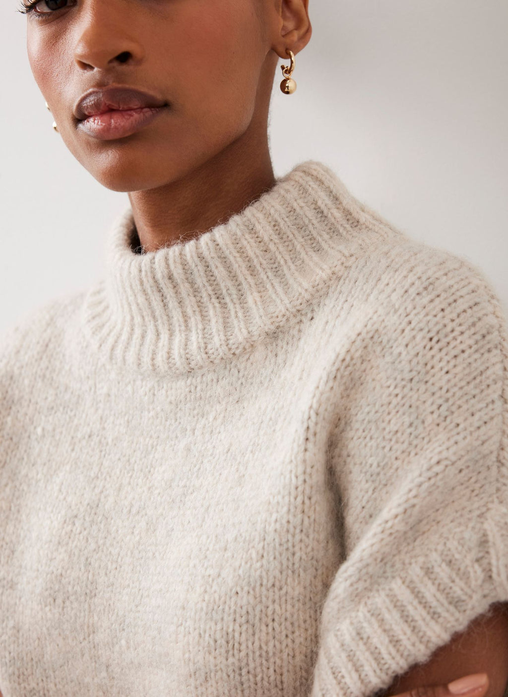 Neutral Wool Blend High Neck Knit Top