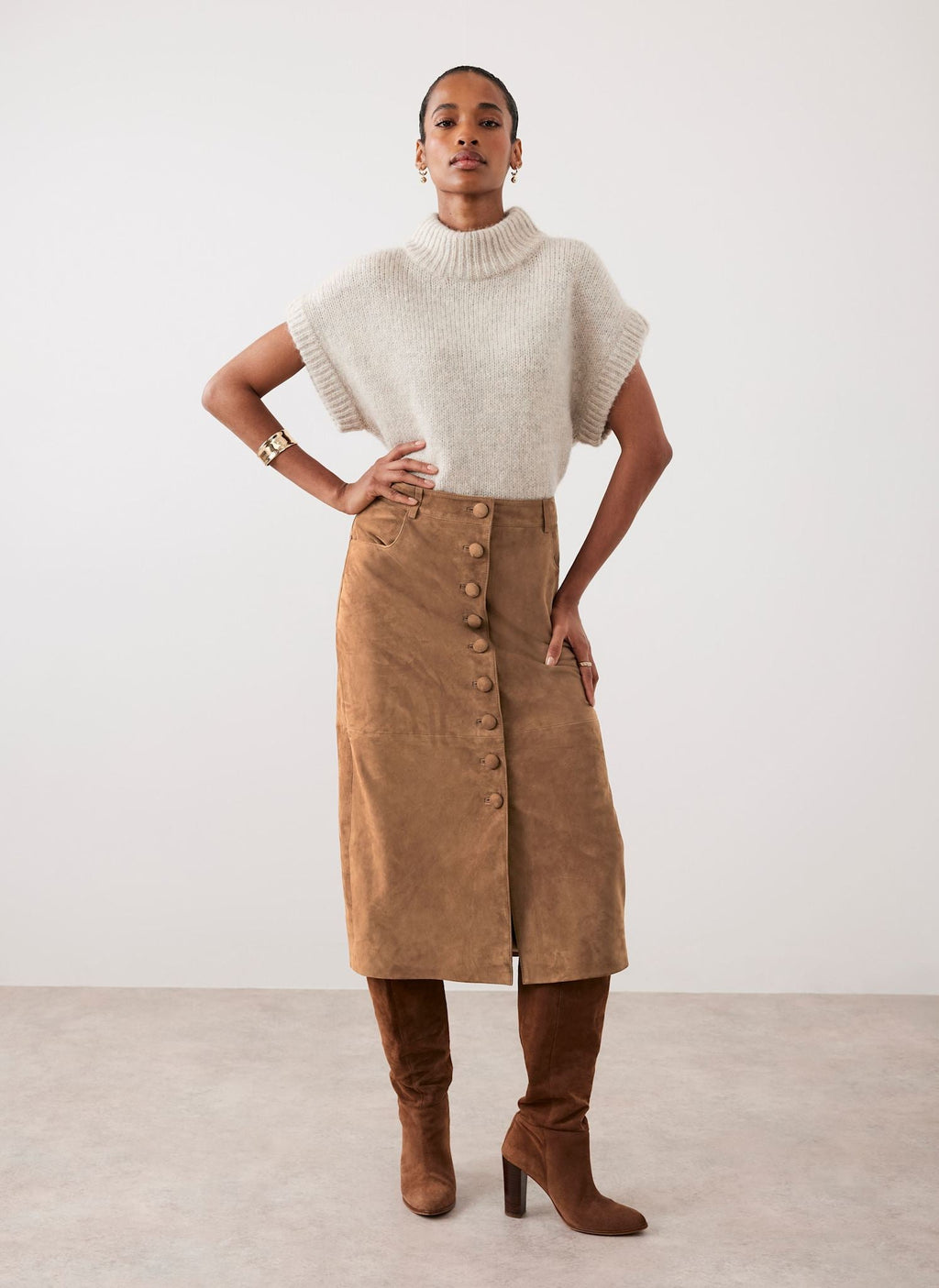 Neutral Wool Blend High Neck Knit Top