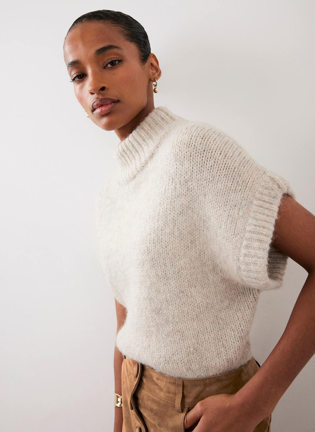 Neutral Wool Blend High Neck Knit Top