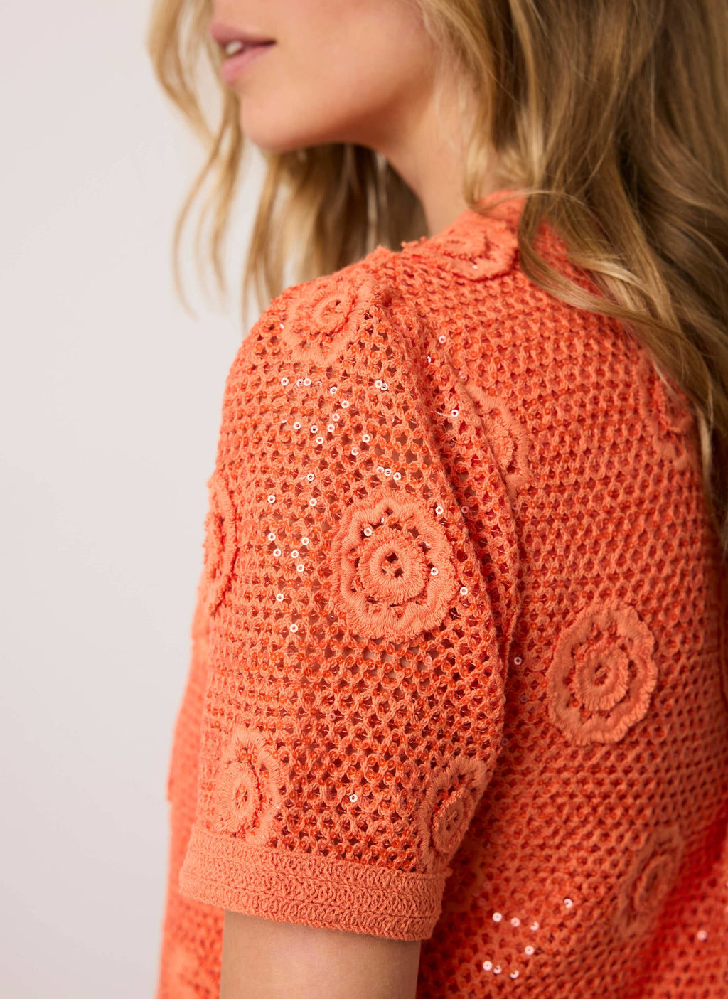 Orange Cotton Sequin Flower Crochet Top