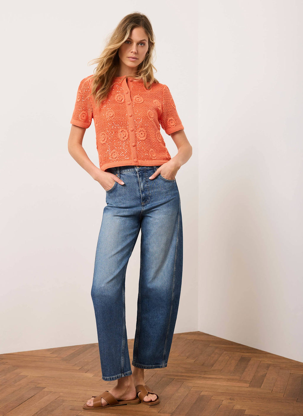 Orange Cotton Sequin Flower Crochet Top