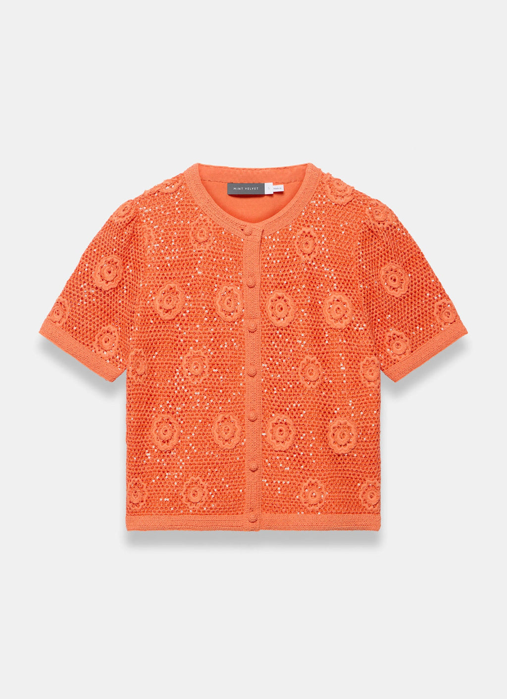 Orange Cotton Sequin Flower Crochet Top