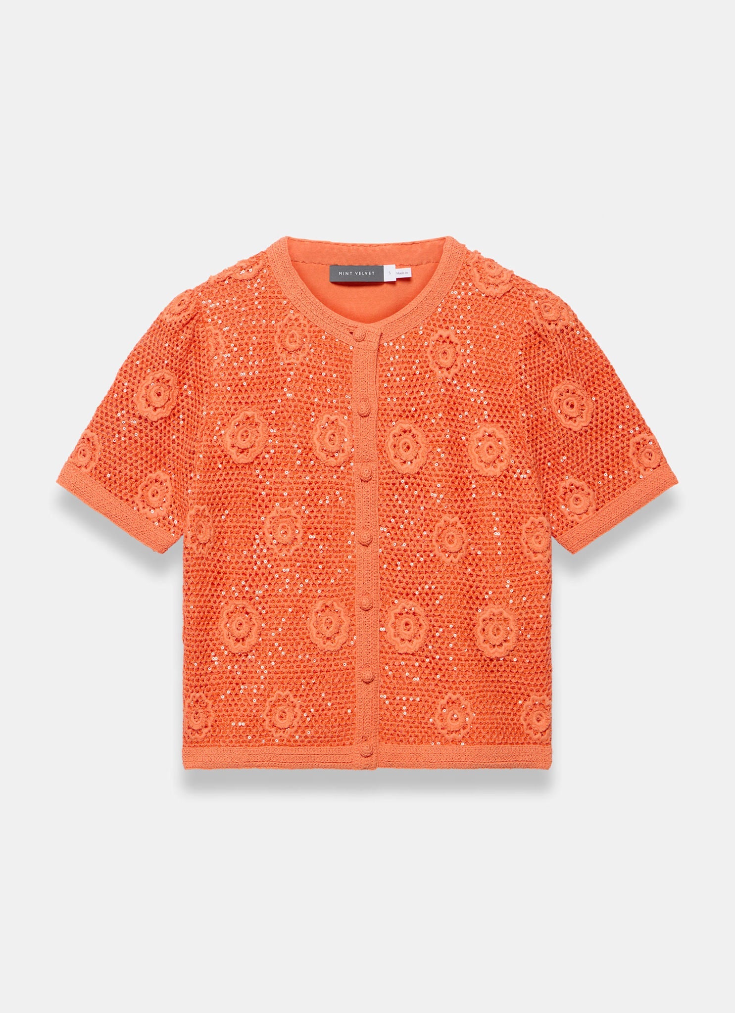 Orange Cotton Sequin Flower Crochet Top