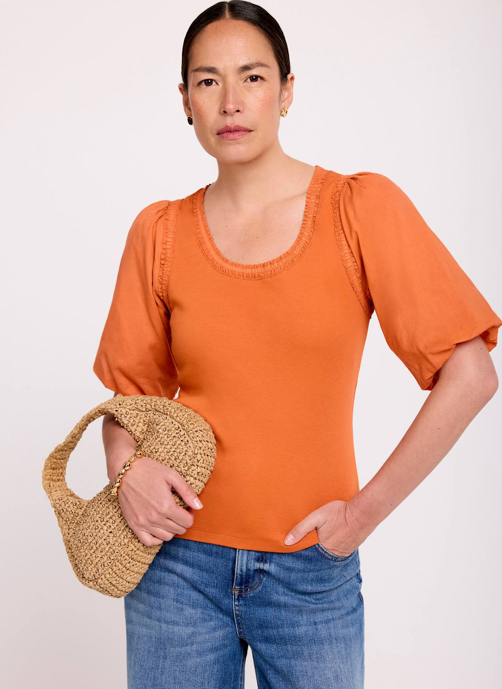 Orange Cotton Puff Sleeve Top