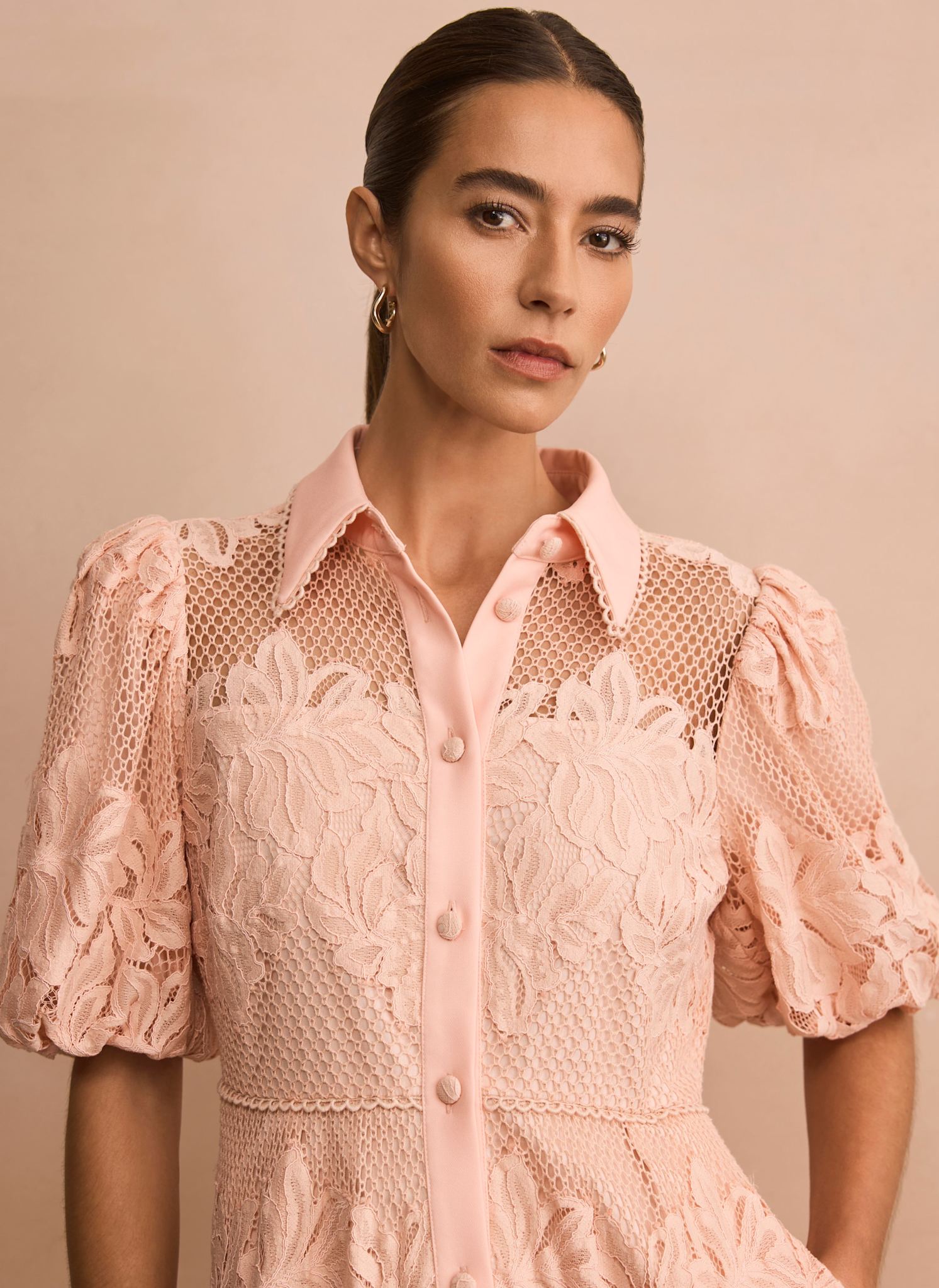 Pale Pink Lace Midi Shirt Dress