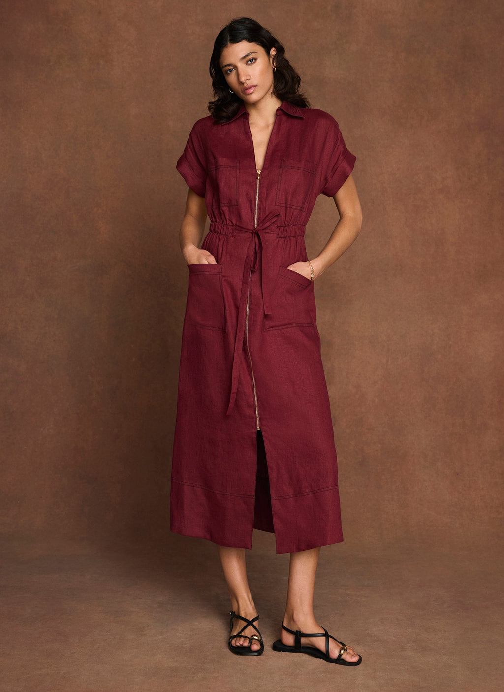Burgundy Linen Midi Shirt Dress