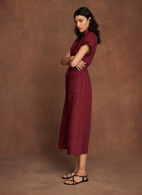 Burgundy Linen Midi Shirt Dress