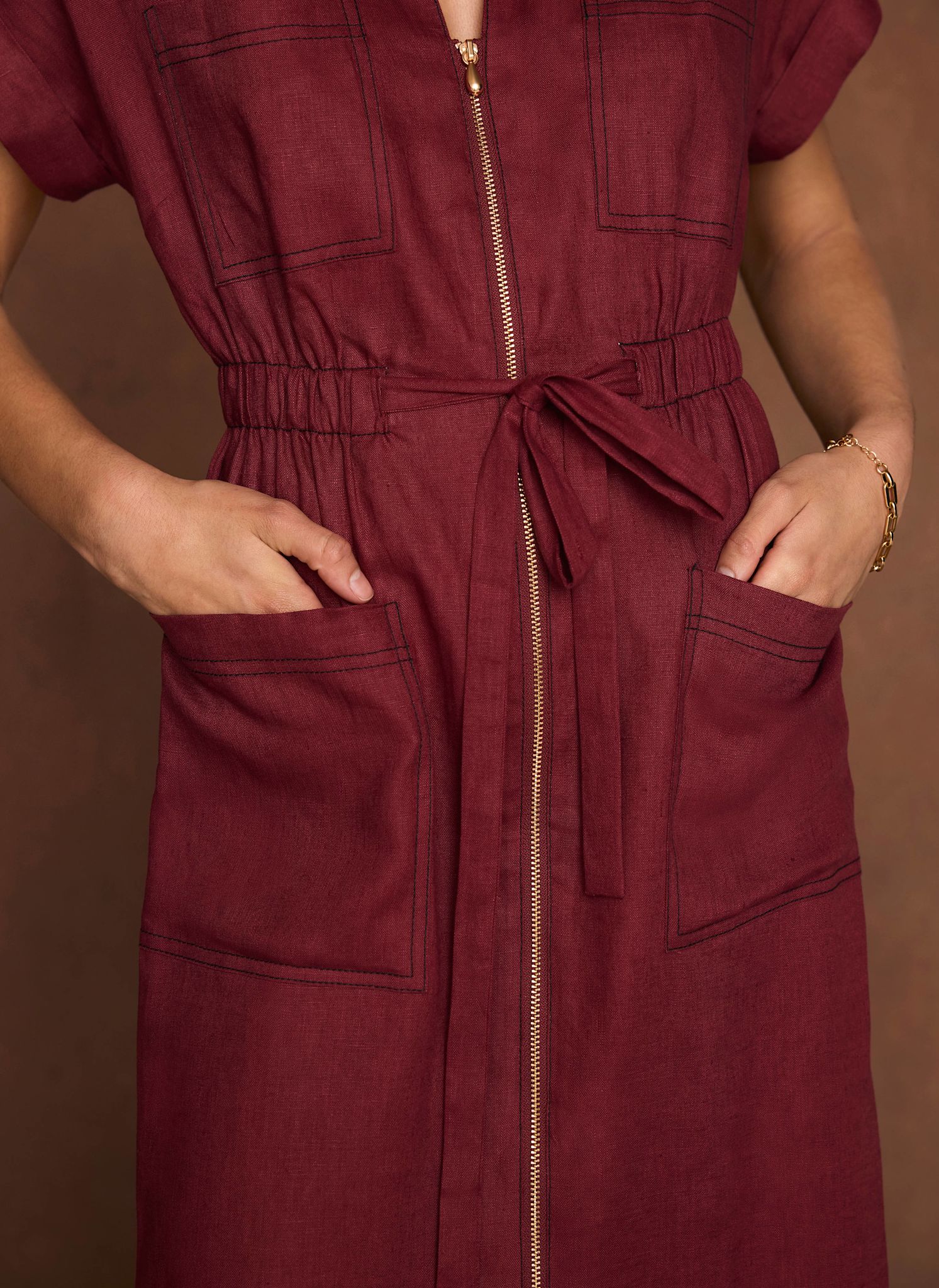 Burgundy Linen Midi Shirt Dress