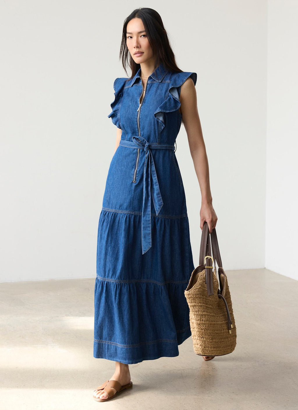 Indigo Denim Ruffle Maxi Shirt Dress