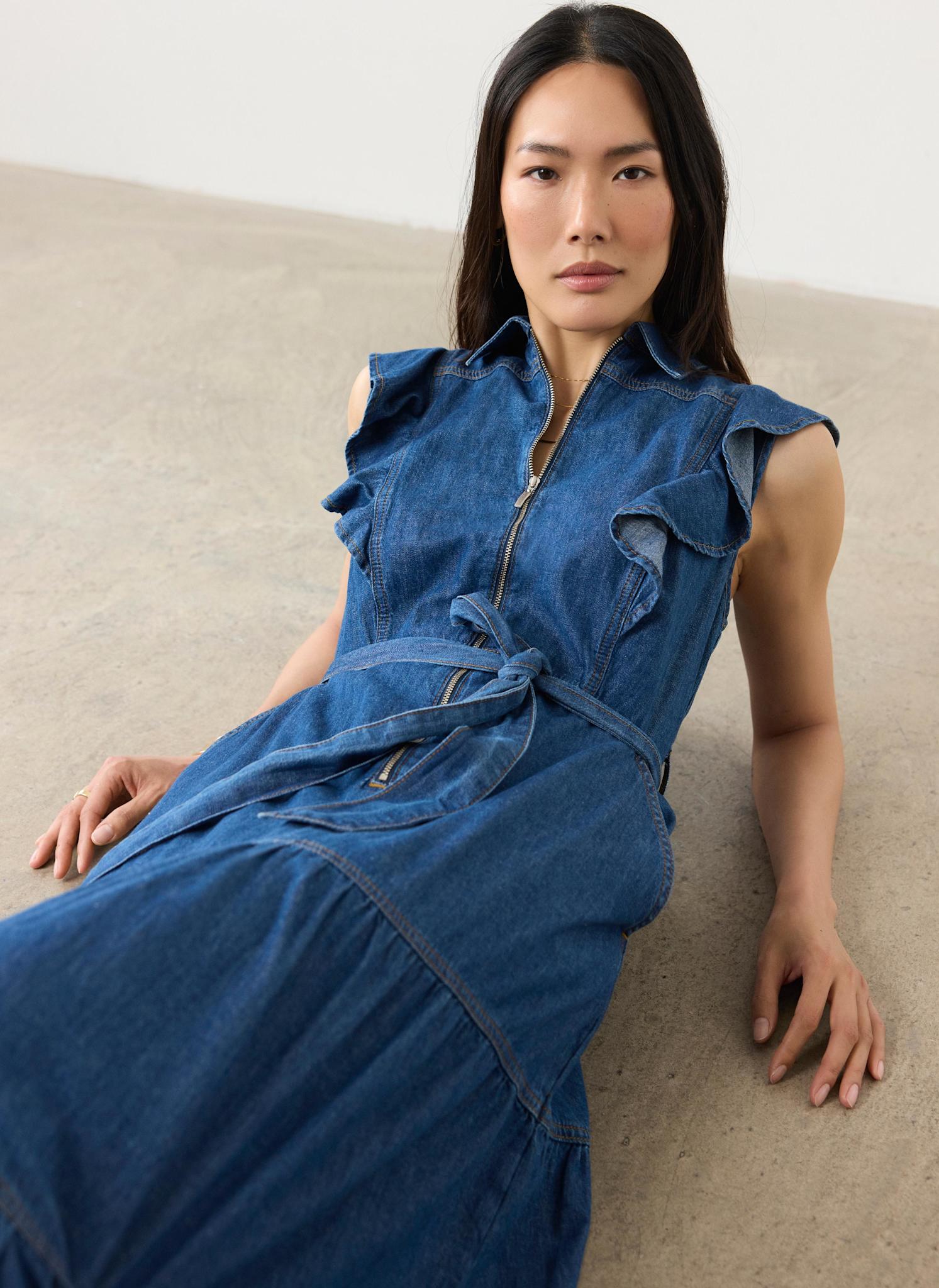 Indigo Denim Ruffle Maxi Shirt Dress