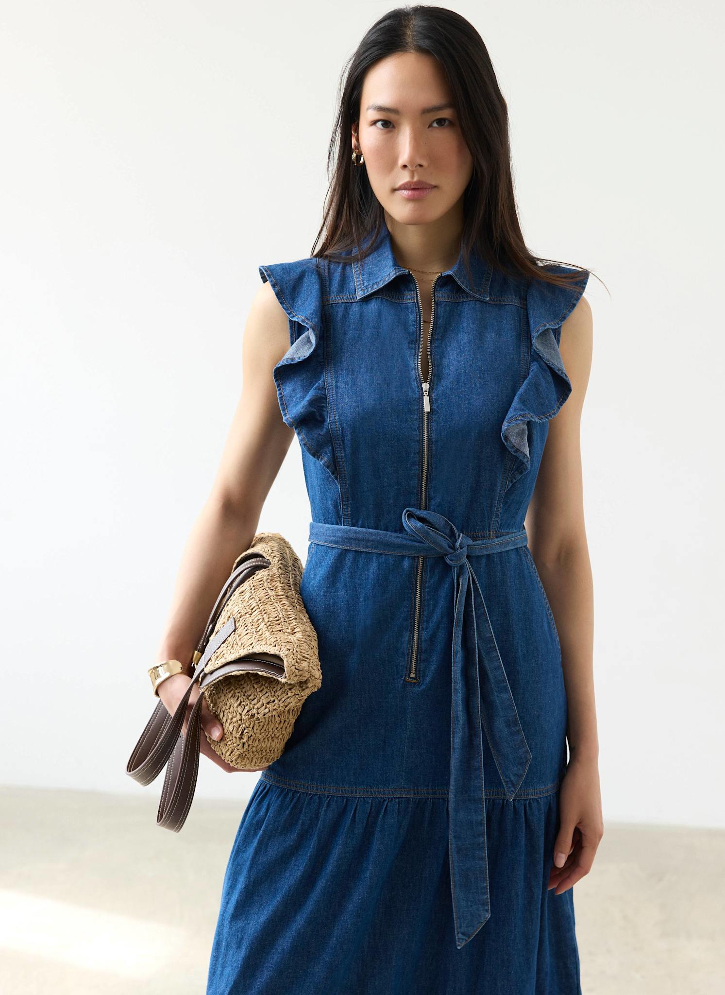 Indigo Denim Ruffle Maxi Shirt Dress