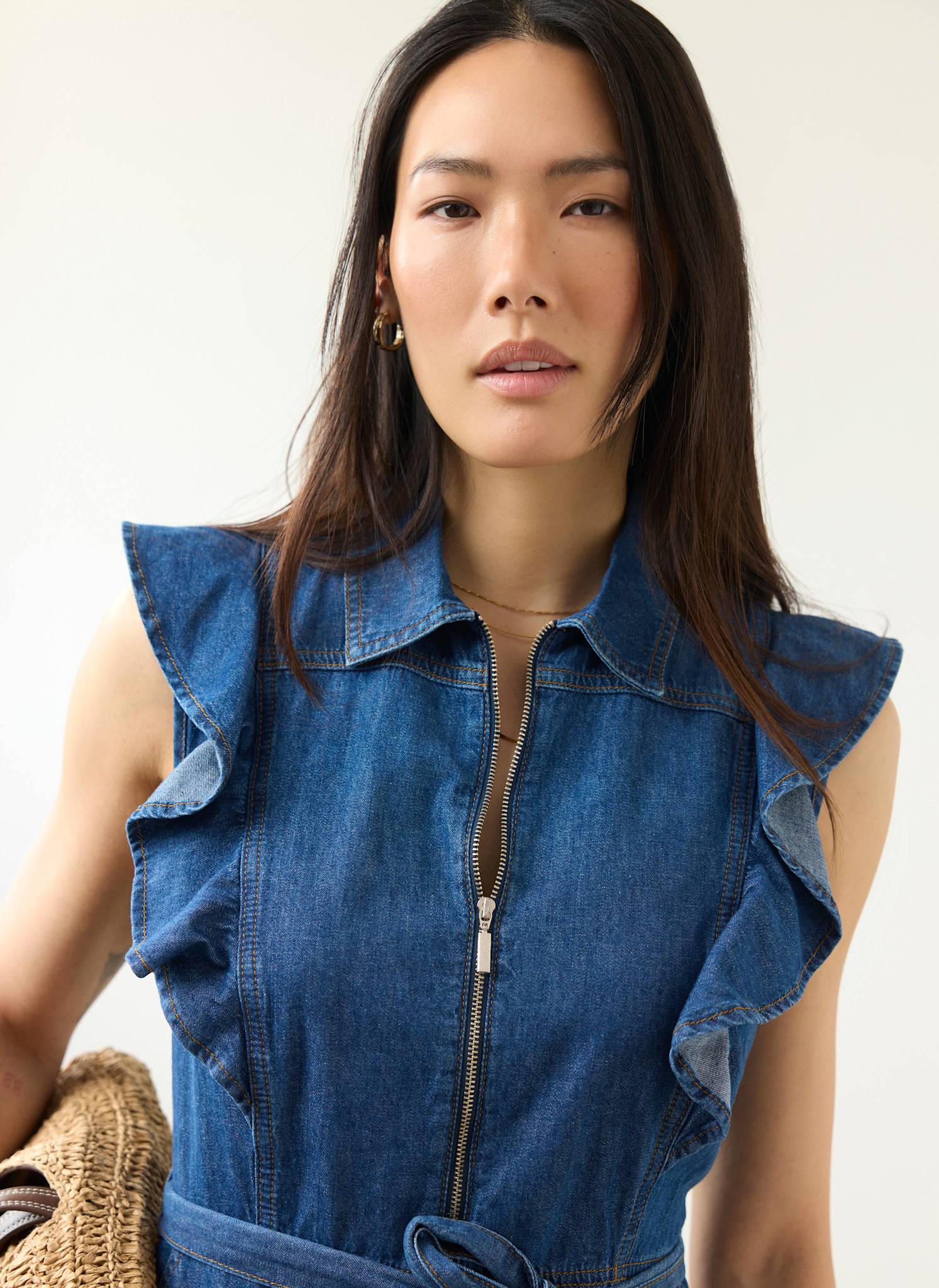 Indigo Denim Ruffle Maxi Shirt Dress
