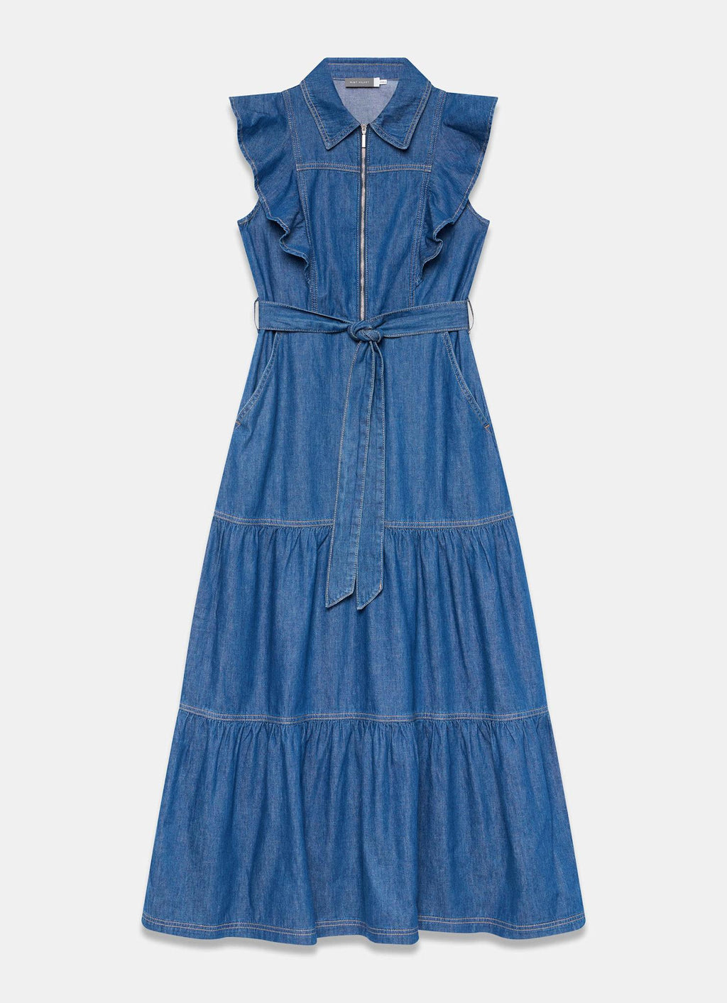 Indigo Denim Ruffle Maxi Shirt Dress