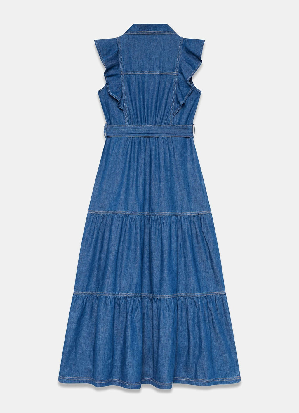 Indigo Denim Ruffle Maxi Shirt Dress