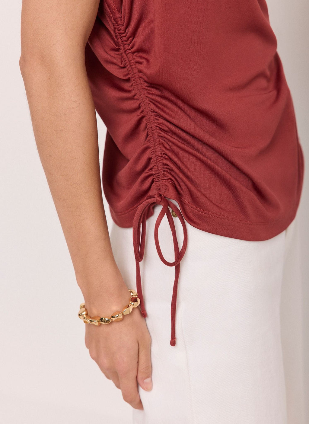 Rust Red Jersey Ruched Tie Detail Top