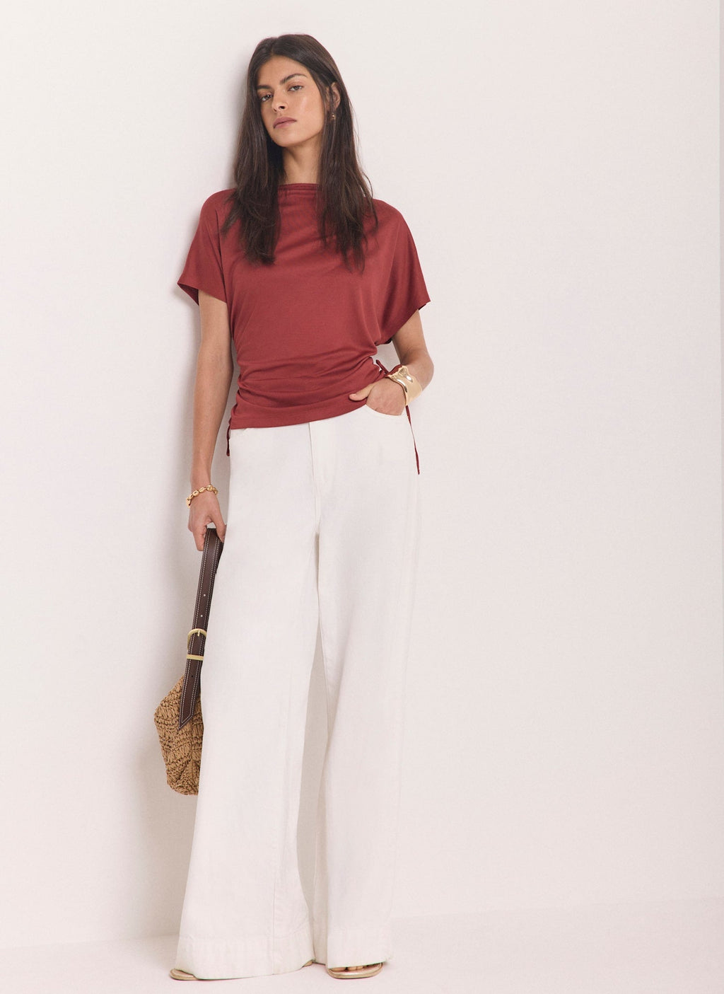 Rust Red Jersey Ruched Tie Detail Top