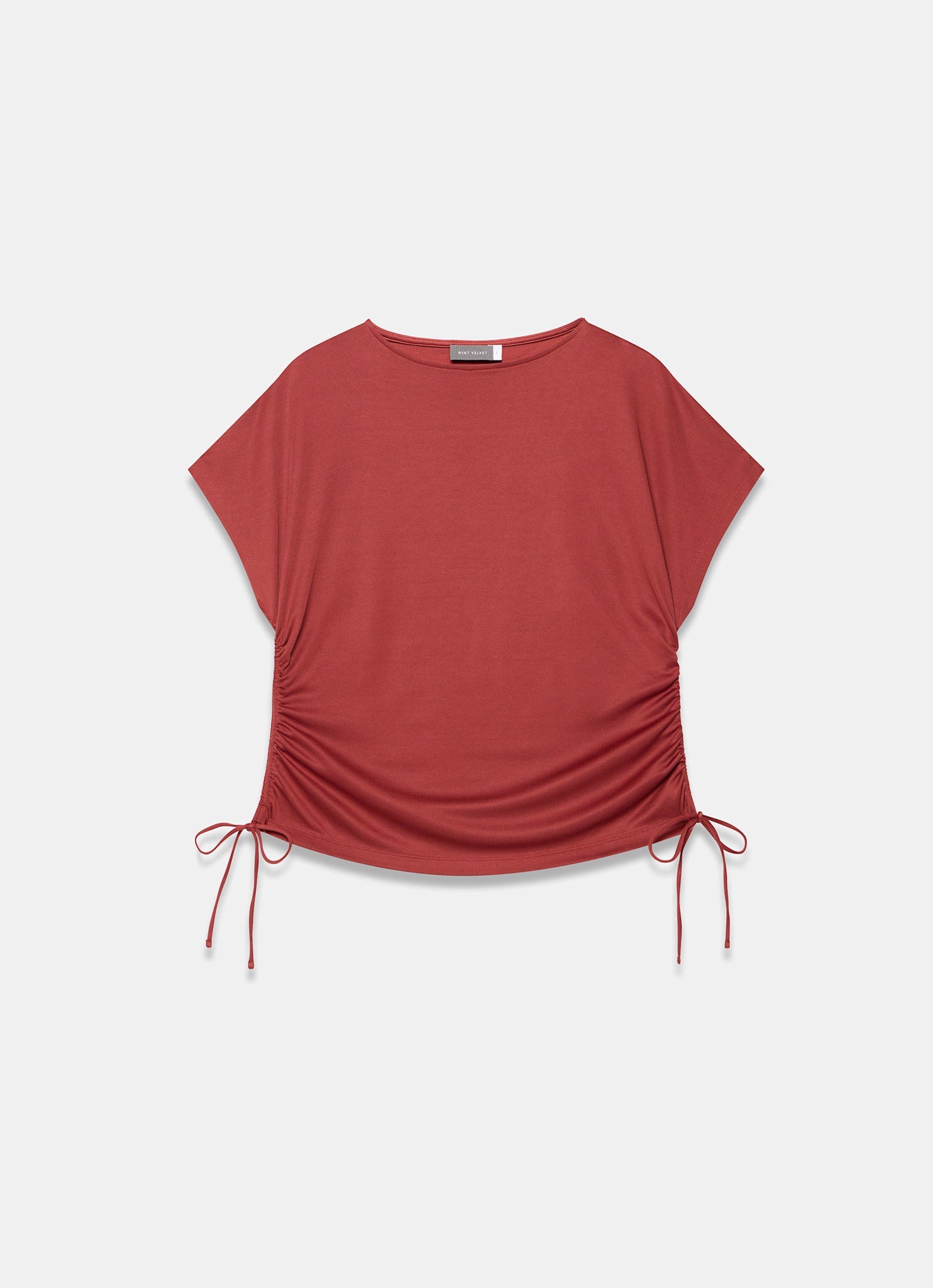 Rust Red Jersey Ruched Tie Detail Top