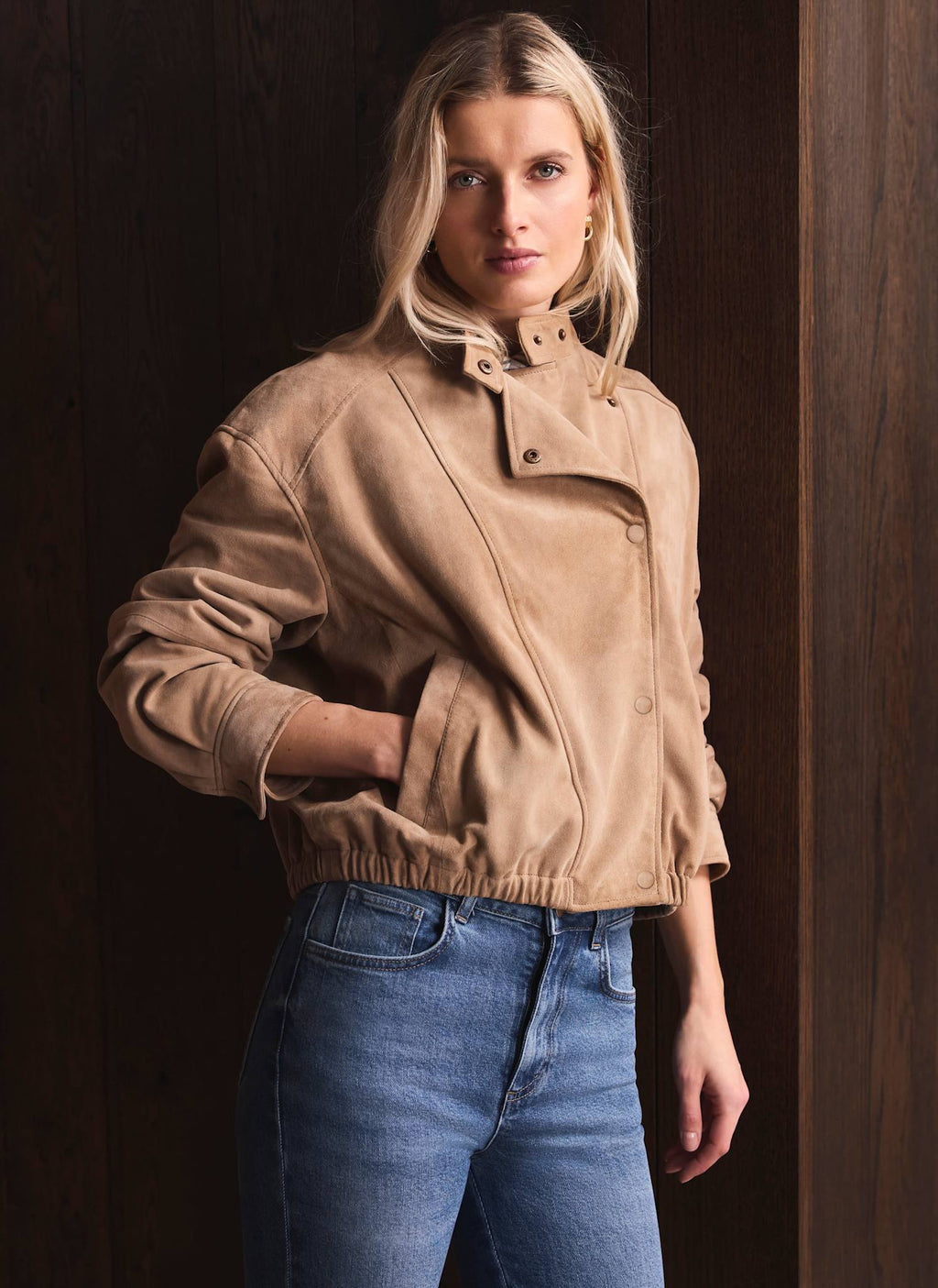 Neutral Suede Cropped Pilot Bomber Jacket