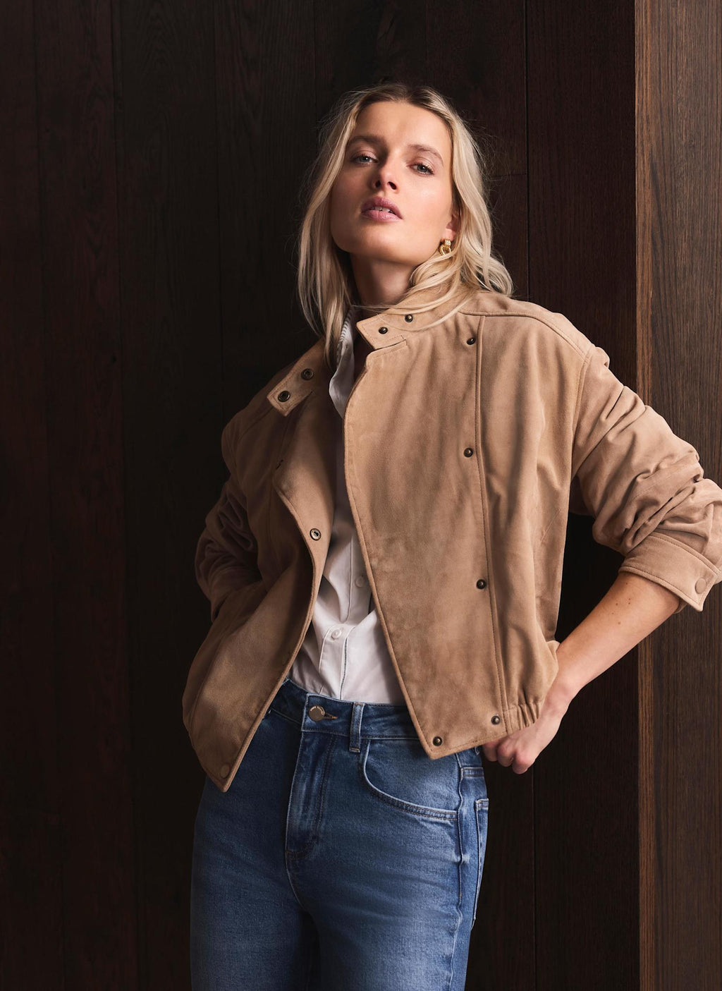 Neutral Suede Cropped Pilot Bomber Jacket