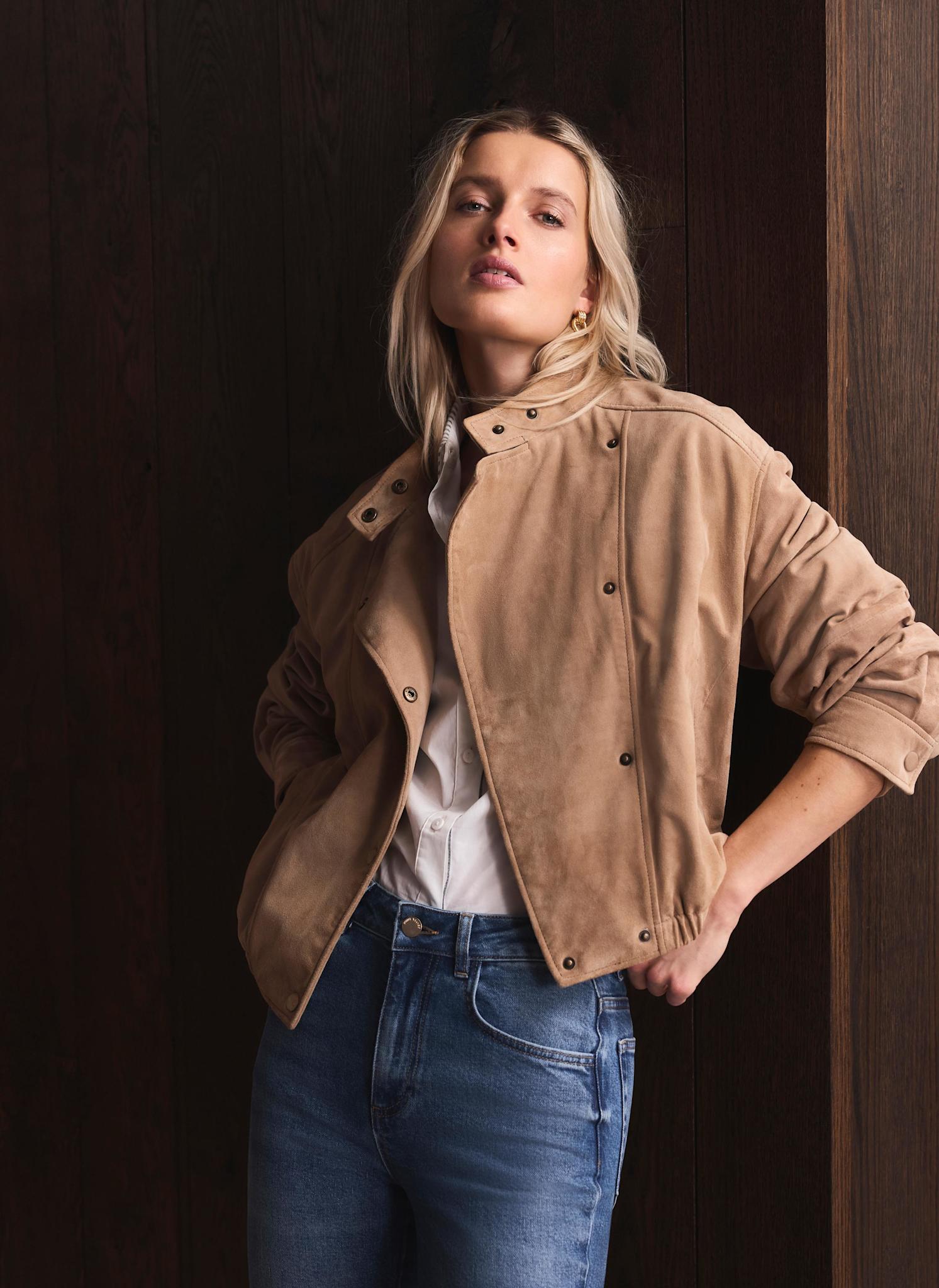 Neutral Suede Cropped Pilot Bomber Jacket