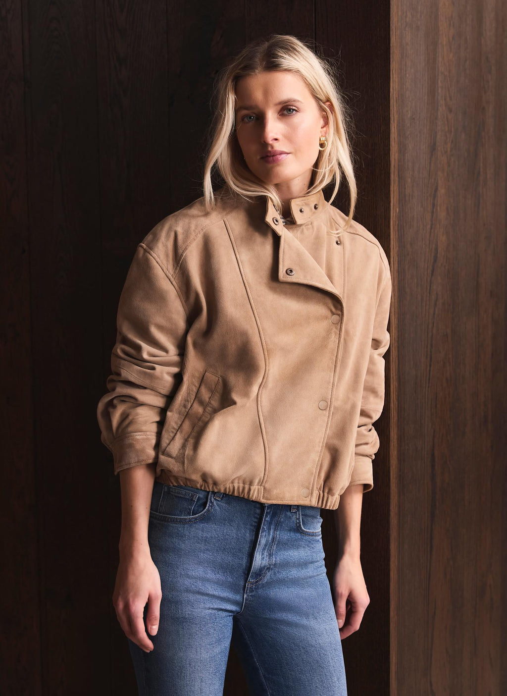 Neutral Suede Cropped Pilot Bomber Jacket