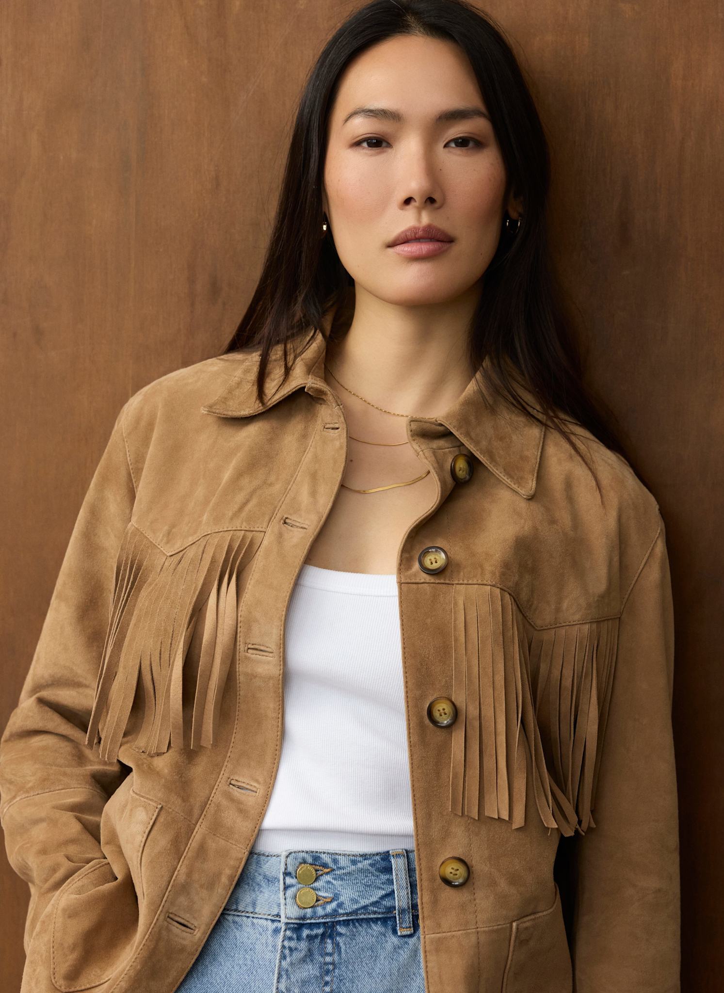 Neutral Suede Fringe Shacket