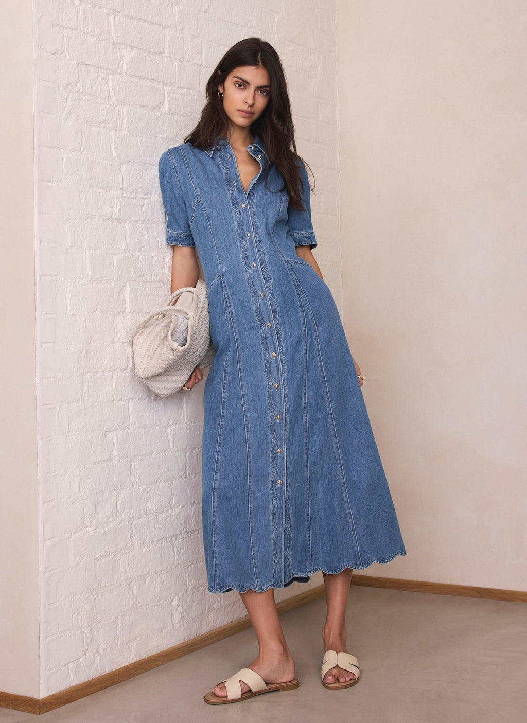 Indigo Denim Scallop Detail Midi Dress
