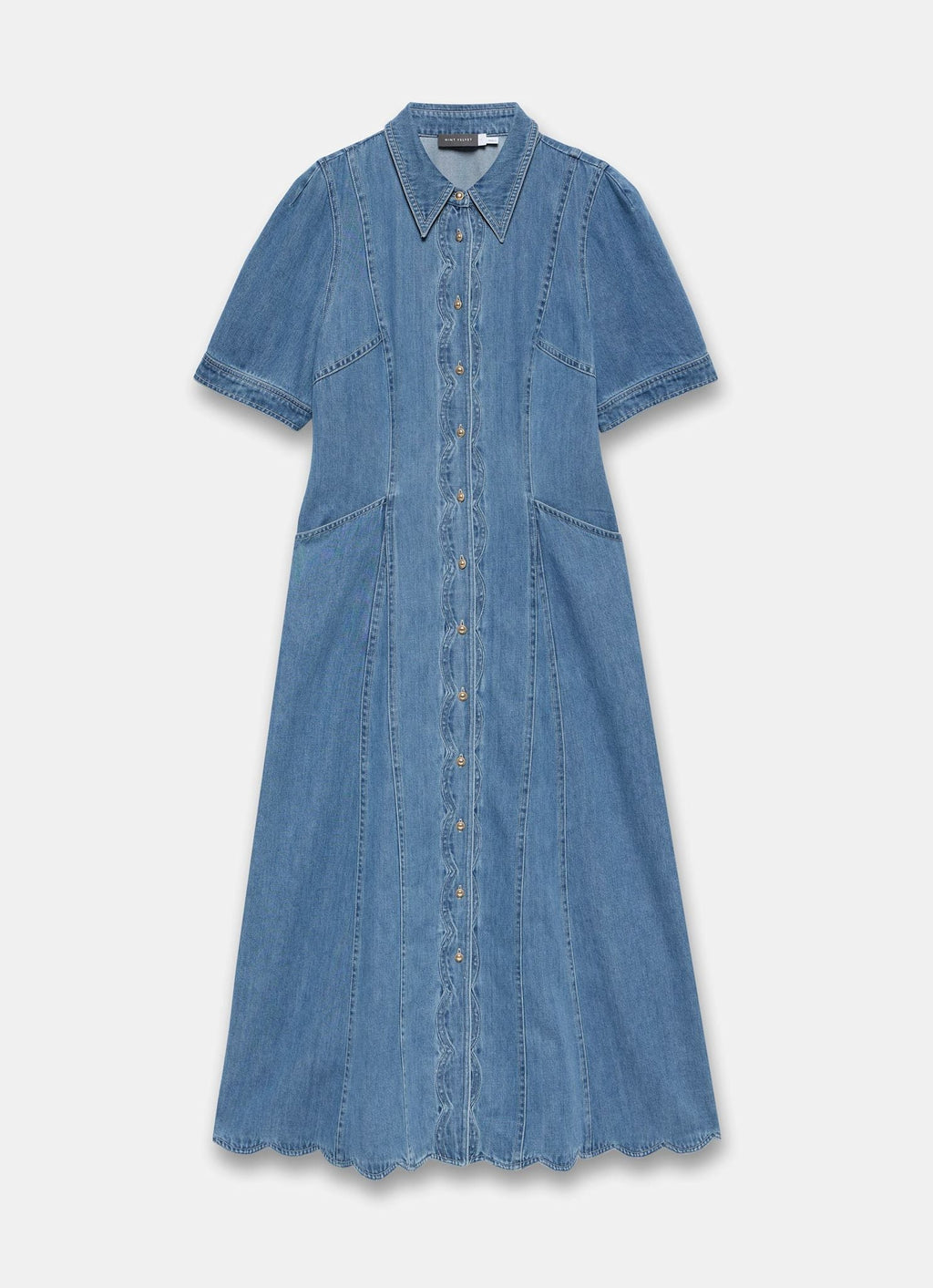 Indigo Denim Scallop Detail Midi Dress