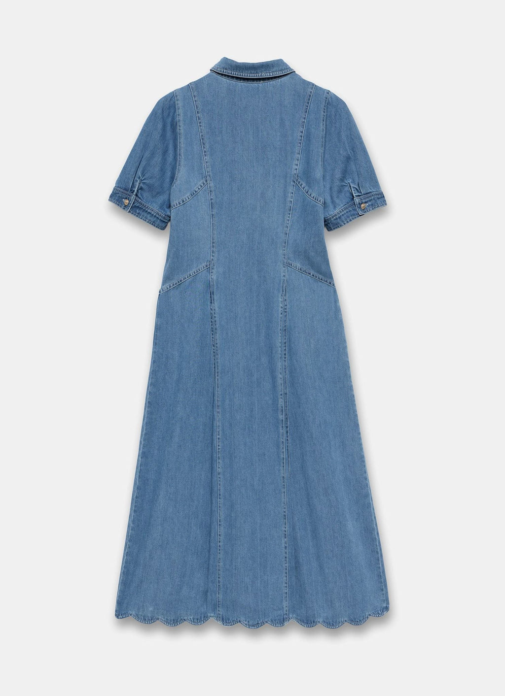 Indigo Denim Scallop Detail Midi Dress
