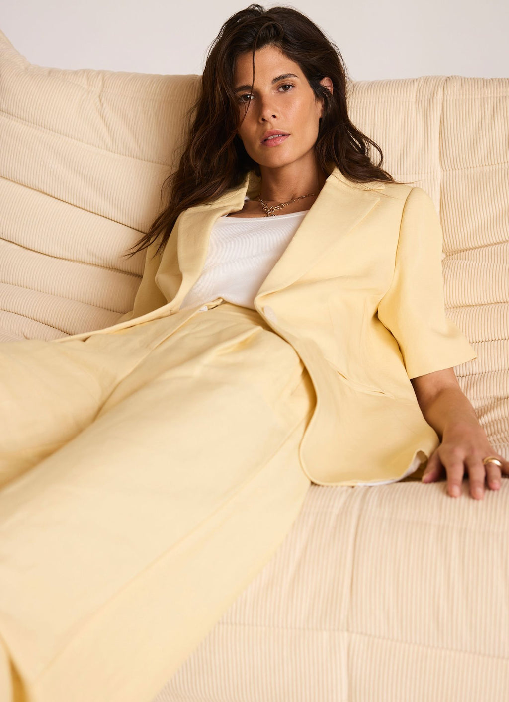 Yellow Linen Blend Short Sleeve Blazer