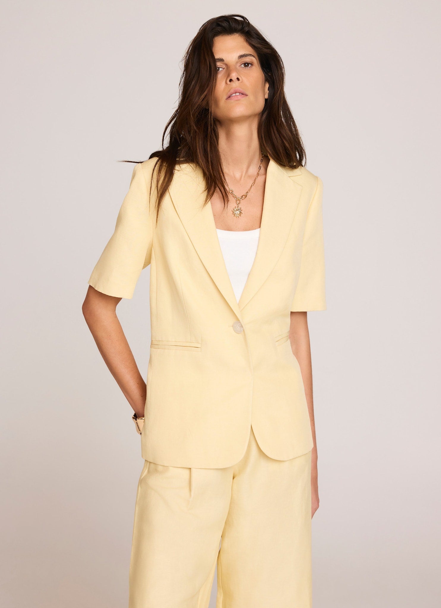Yellow Linen Blend Short Sleeve Blazer