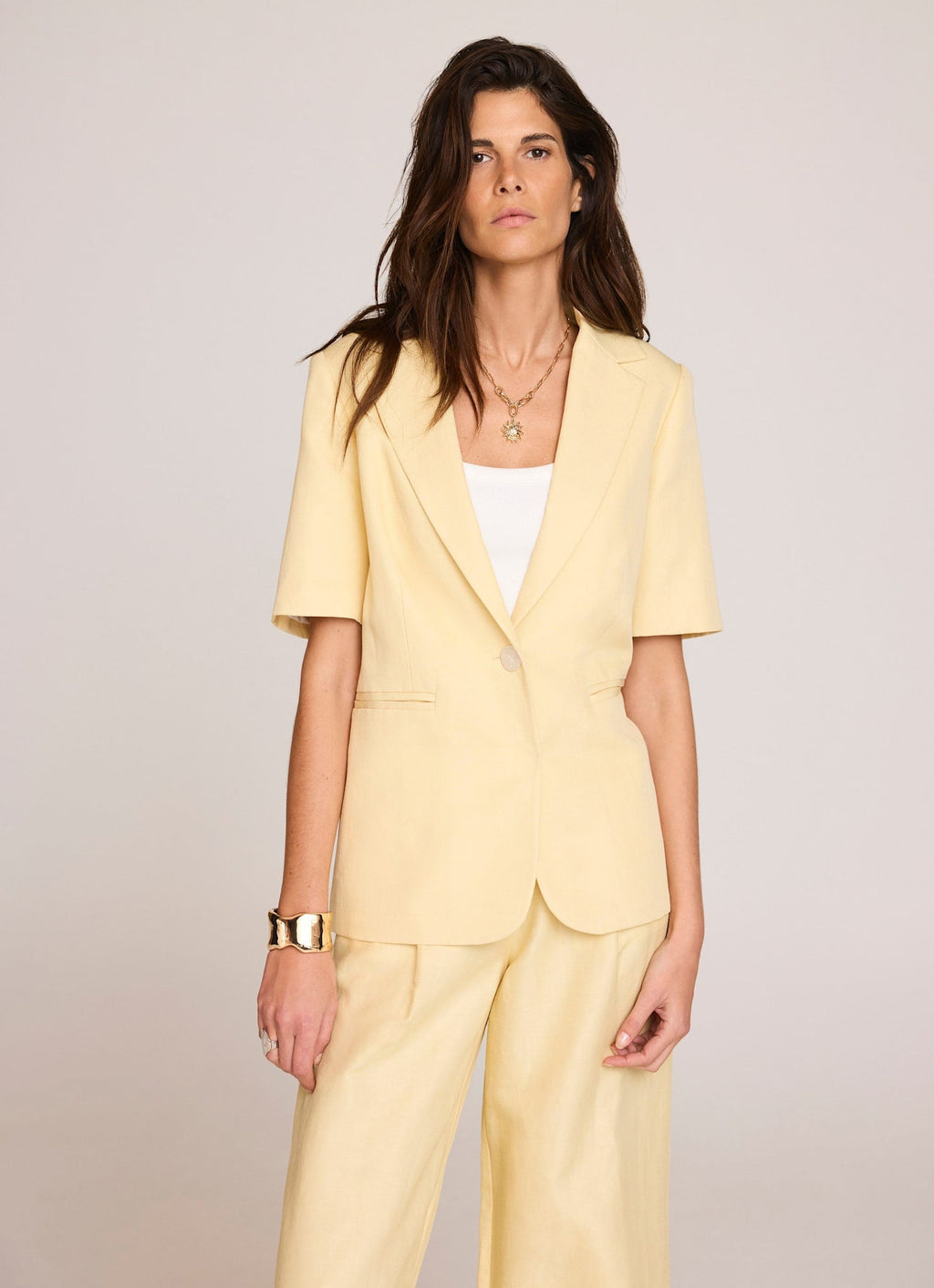 Yellow Linen Blend Short Sleeve Blazer