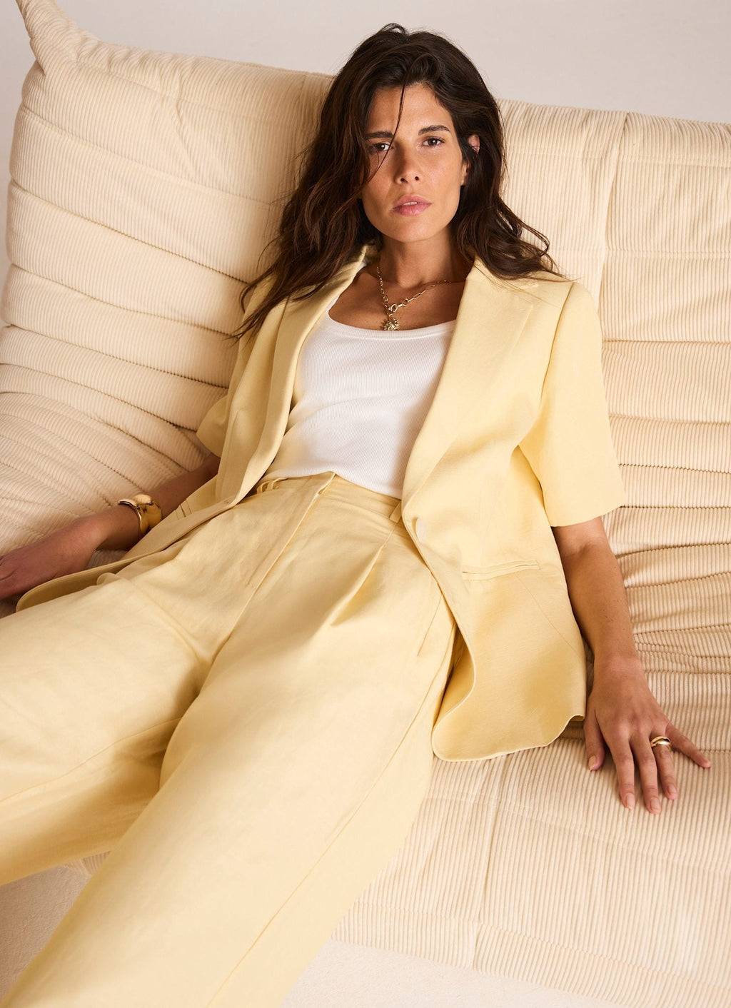 Yellow Linen Blend Short Sleeve Blazer