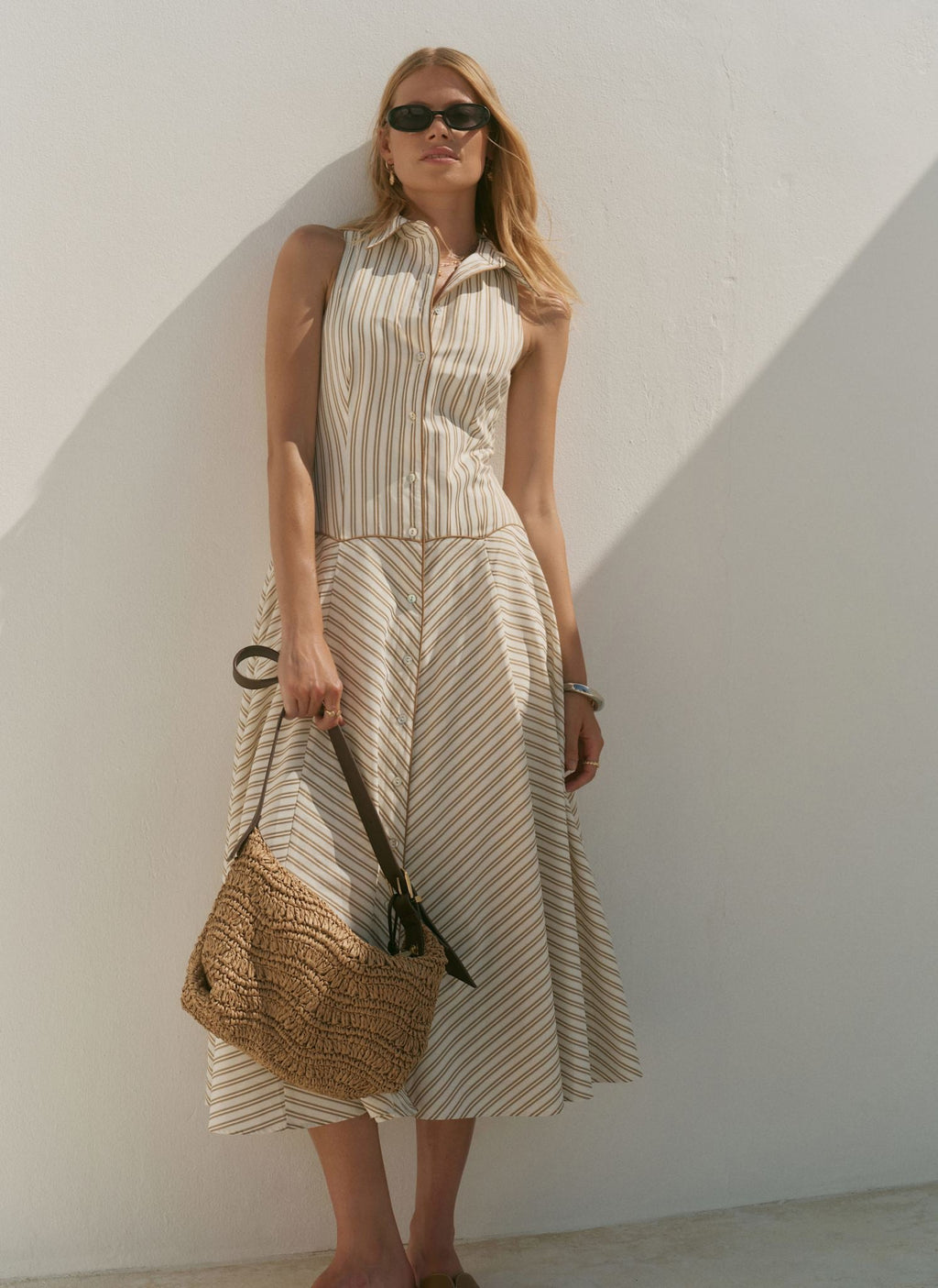 Neutral Cotton Blend Striped Midi Dress