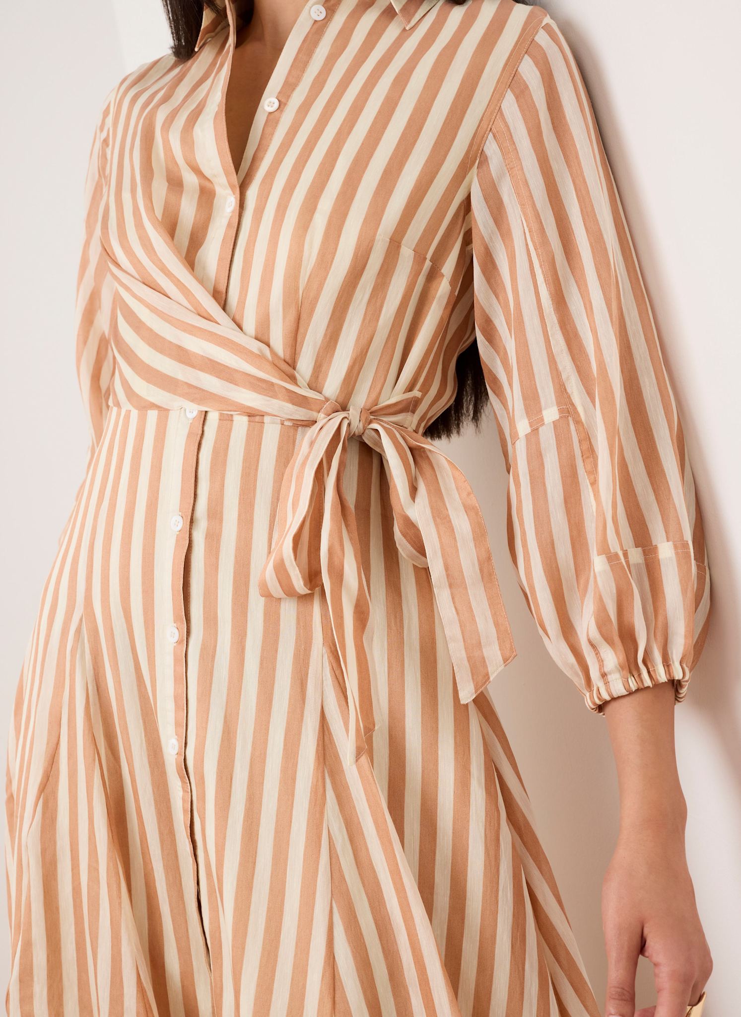 Orange Stripe Wrap Midi Shirt Dress