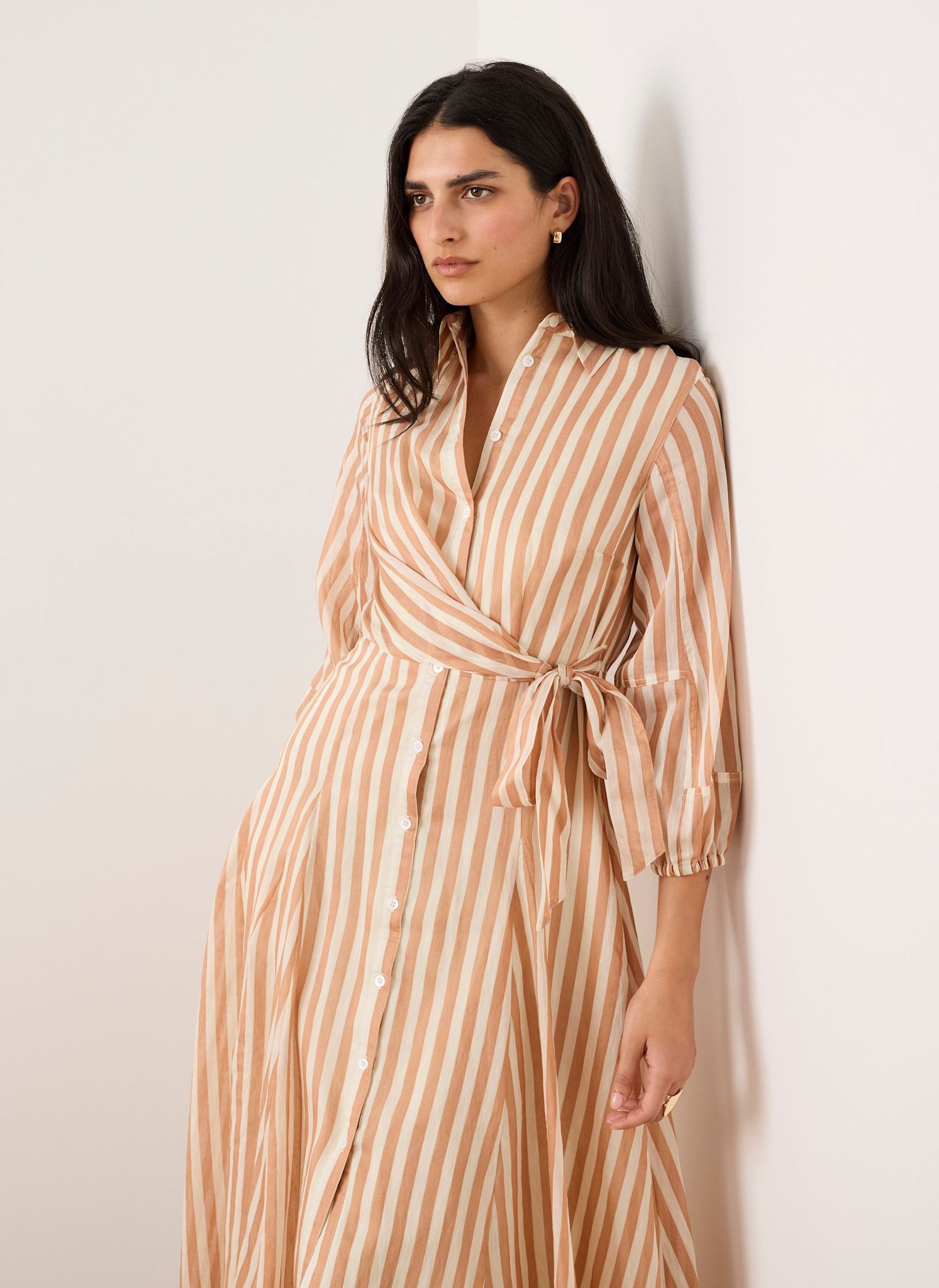 Orange Stripe Wrap Midi Shirt Dress