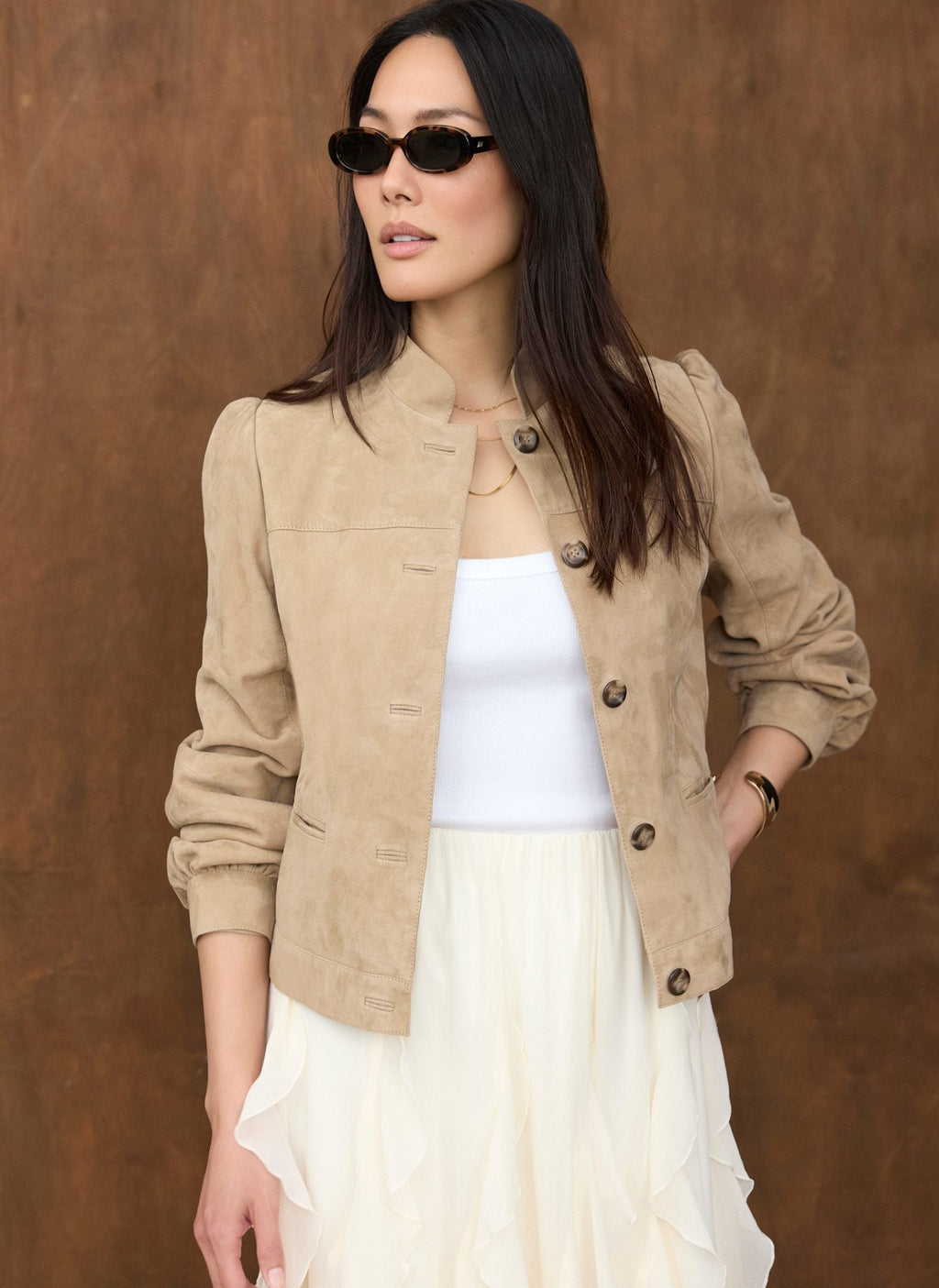Neutral Suede Puff Sleeve Jacket