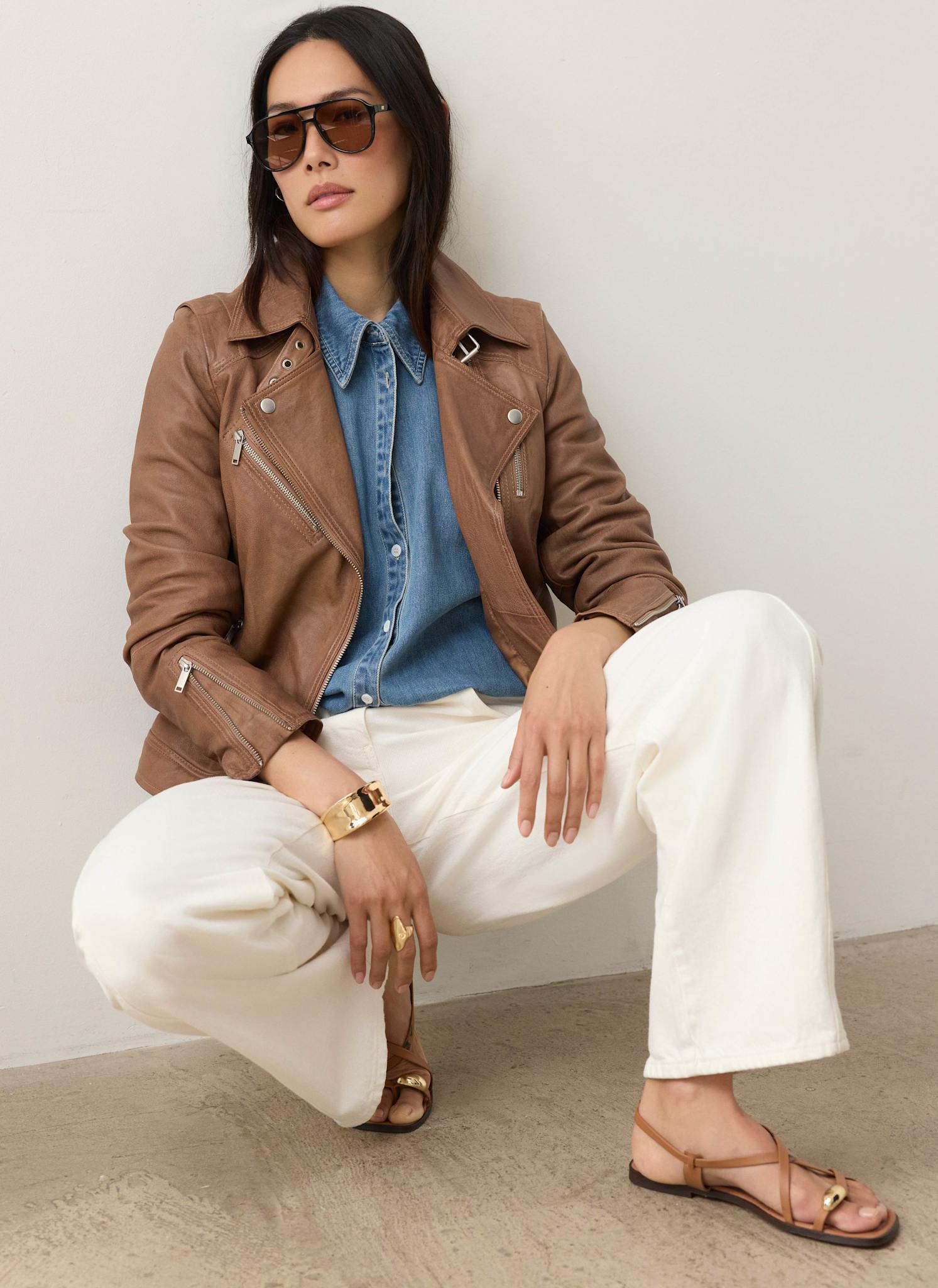 Tan Leather Longline Biker Jacket