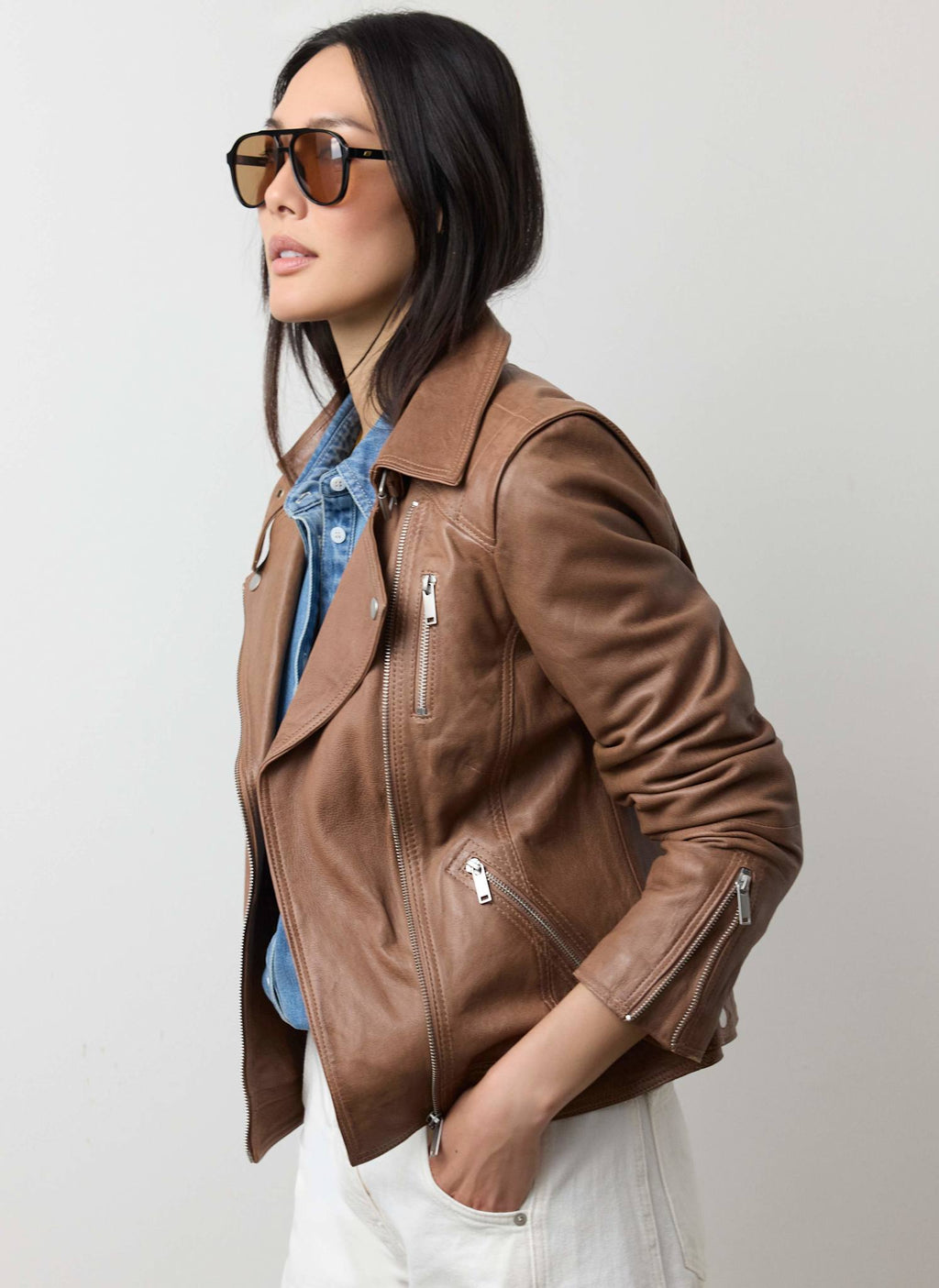 Tan Leather Longline Biker Jacket
