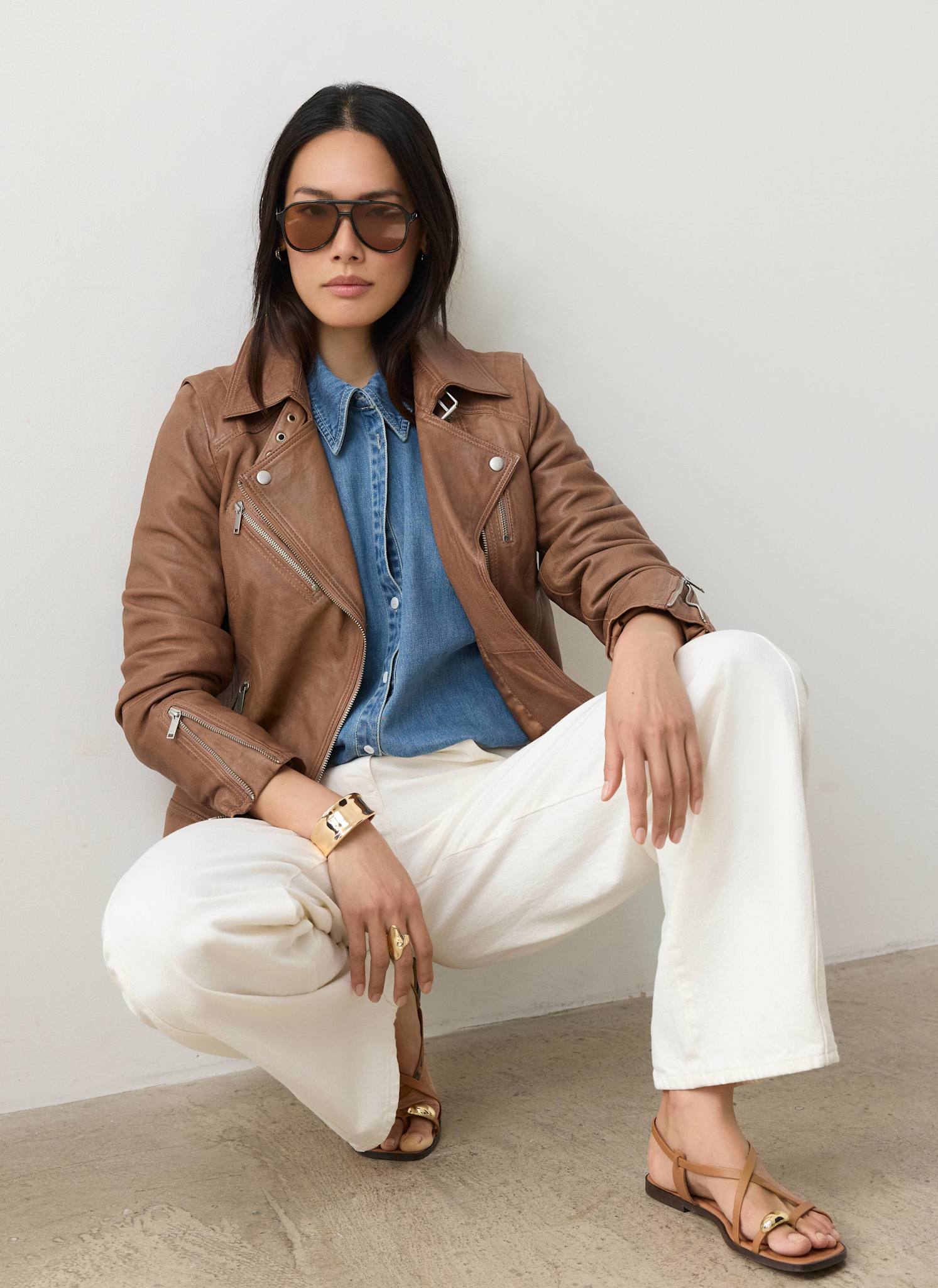 Tan Leather Longline Biker Jacket