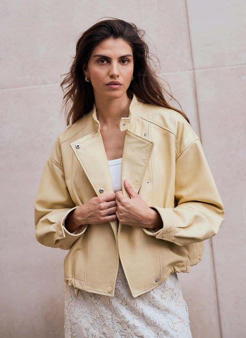 Butter Yellow Leather Cropped Pilot Bomber Jacket