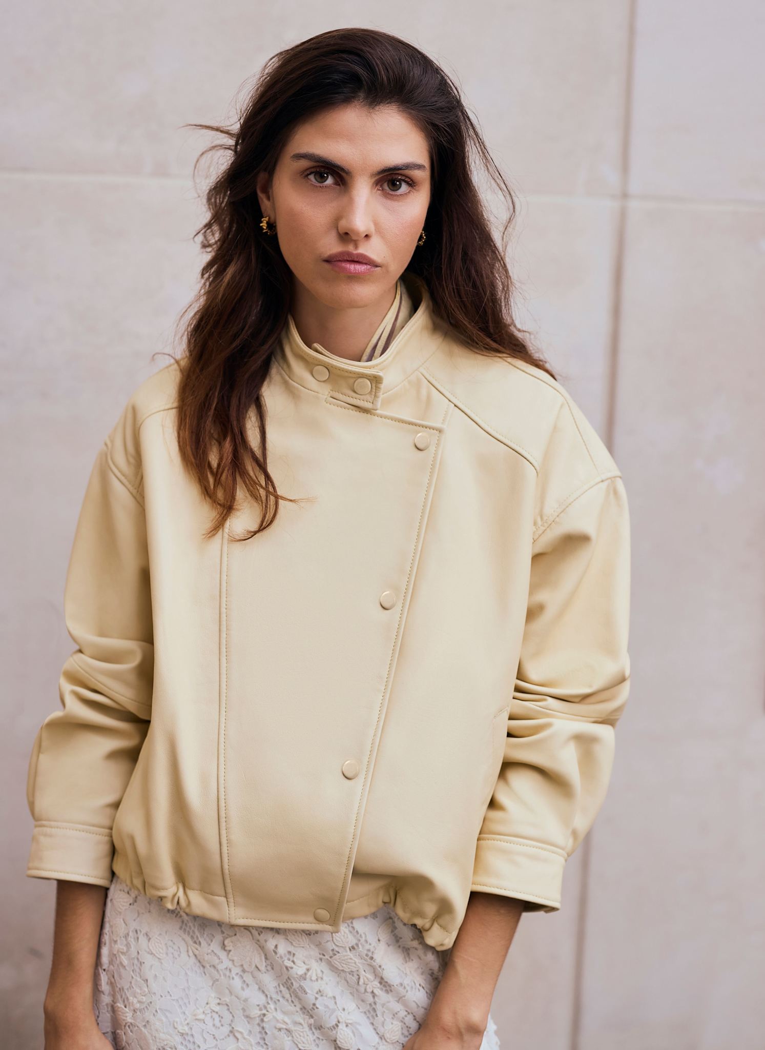 Butter Yellow Leather Cropped Pilot Bomber Jacket
