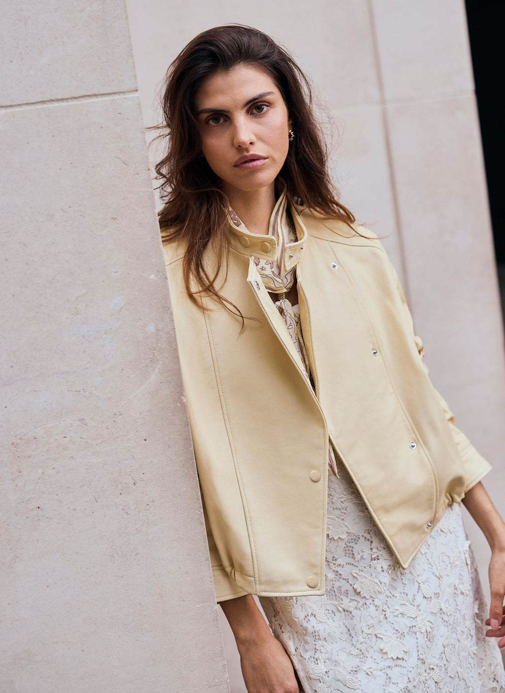 Butter Yellow Leather Cropped Pilot Bomber Jacket